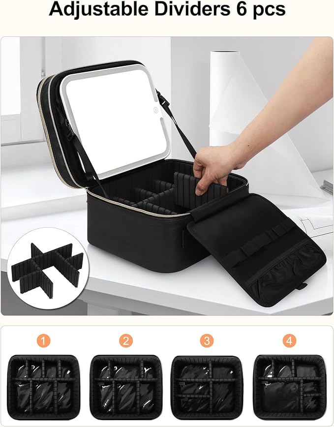 TANTO Travel Makeup Bag with LED Mirror Double Layer Makeup Case with Lighted Mirror Dual Layer Cosmetic Train Case Portable Artist Organizer Bag with Dividers and Rechargeable Vanity (Black, Small)