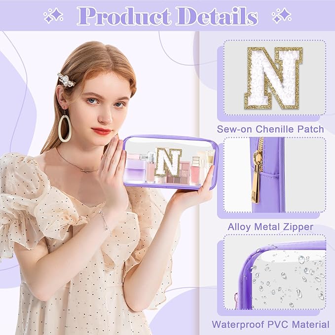 Personalized Initial Letter Clear Makeup Bag,Preppy Small Nylon&PVC Cosmetic Zipper Bag with Chenille Letter,Travel Skincare Toiletry Bag,Monogram Christmas Gift for Teen Girls Women,N