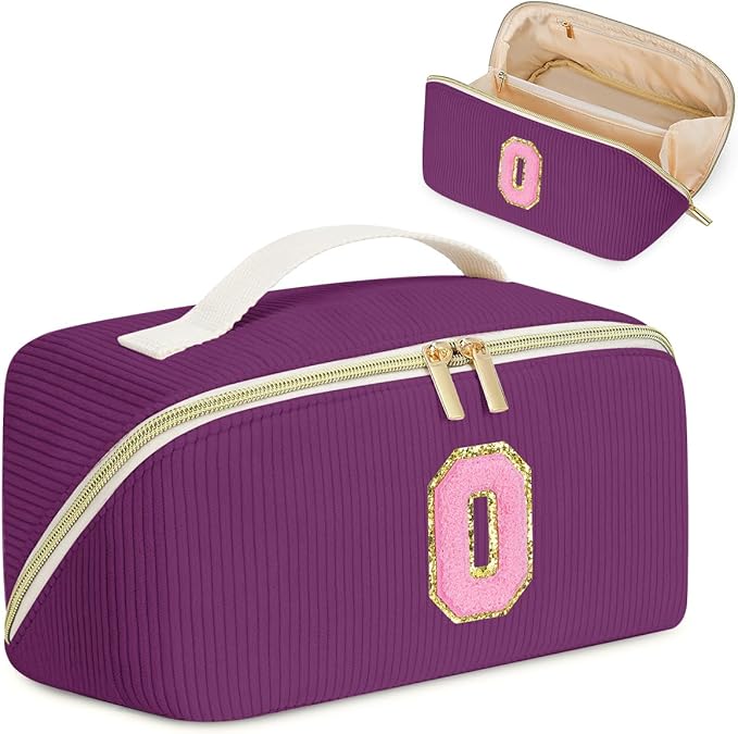 Personalized Initial Makeup Bag,Christmas Gifts for Girl,Preppy Bag Cosmetic Travel Bag Women,Travel Toiletry Organizer,Large Capacity Corduroy Stuff Bag,Cute Cosmetic Pouch Skincare Bag-O