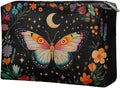 COEQINE Gothic Cosmetic Purses Leather Case for Women Trendy Butterfly Moon Goth Cosmetic Bags for Women Travel Black Floral Makeup Organizer Pouch With Zipper