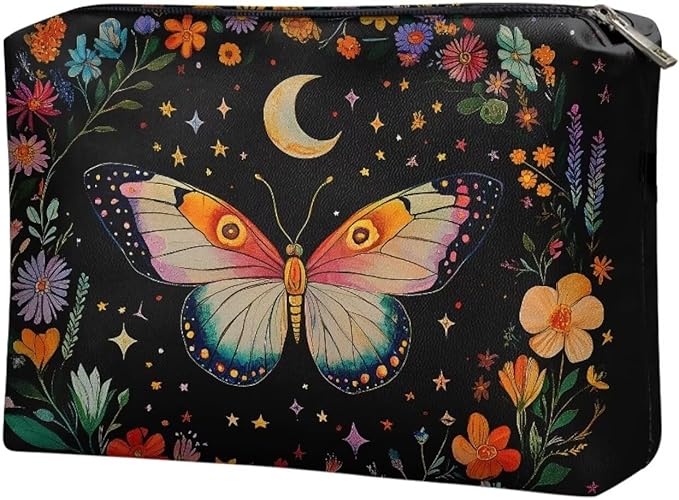 COEQINE Gothic Cosmetic Purses Leather Case for Women Trendy Butterfly Moon Goth Cosmetic Bags for Women Travel Black Floral Makeup Organizer Pouch With Zipper