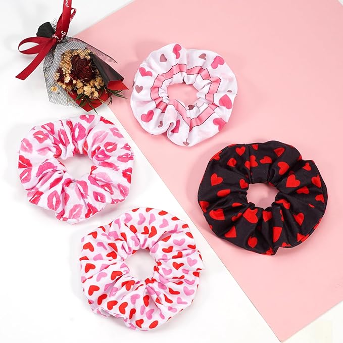 Valentines Hair Scrunchies Love Heart Hair Ties Cute Valentine's Day Hair Tie Hair Ropes Valentines Hair Accessories for Women Girls Elastics Ponytail Holder Hair Bands Gifts