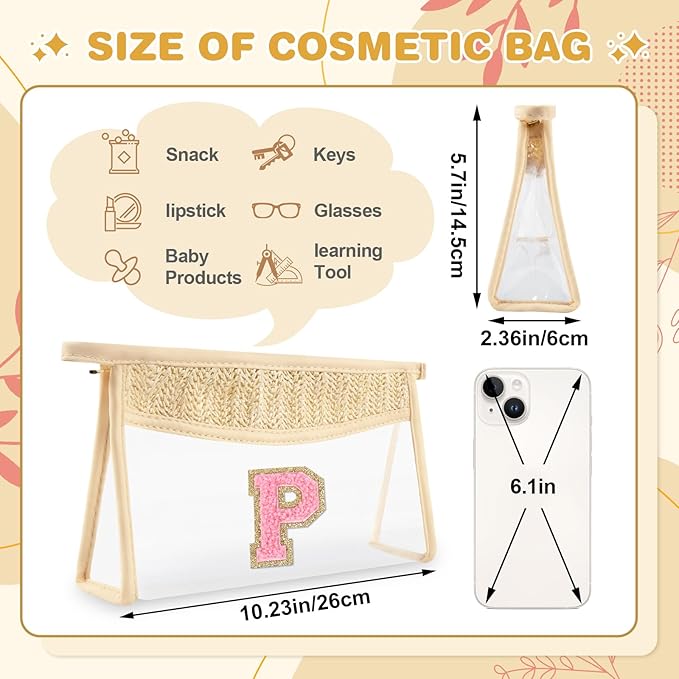 Small Boho Straw Initial Letter Makeup Bag Personalized Gift ,Cute Clear Chenille Patch Makeup Bag With Zipper,Trendy TSA Approved Travel Toiletry Bag,Gift for Women Girls Birthday Friend, Letter P