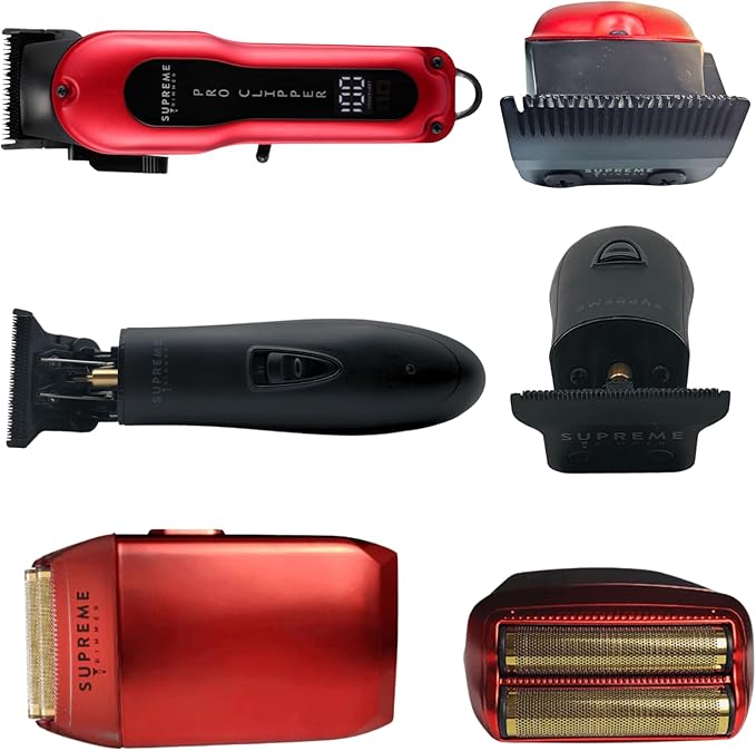 Supreme Trimmer 3-in-1 Barber Bundle | Pro Clipper, DLC T-Shaper Trimmer & Crunch Foil Shaver | Professional Beard Trimmer Men’s Hair Clipper Kit | Red