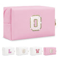 Small Personalized Initial A-Z Patch Makeup Bag,Pink Cute PU Leather Glitter Letter Cosmetic Bag for Teen Girls,Travel Toiletry Bag with Zipper,Preppy Monogrammed Birthday Gift for Daughter Niece O