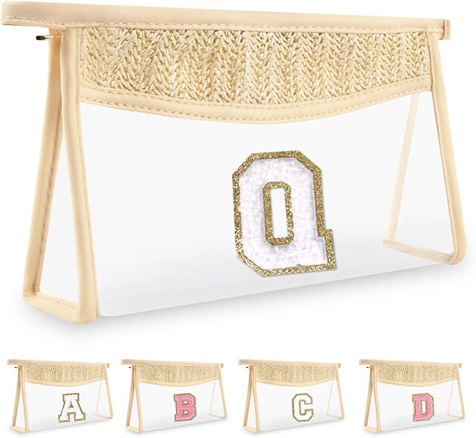 Personalized Initial Letter Bag Boho Straw Clear Makeup Bag,Small Cute Chenille Varsity Letter Pouch With Zipper,Beach Travel Toiletry,Portable Monogrammed Cosmetic Bag for Women Girls,Q
