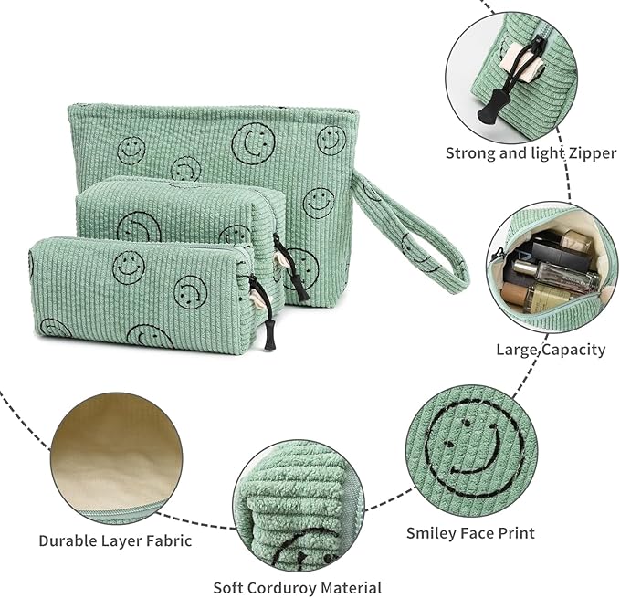 Small Cosmetic Bag set for Women Corduroy Makeup Bag with Interior Pocketes Cute Corduroy Makeup Pouches Women Small Toiletry Bag (Green Smile)