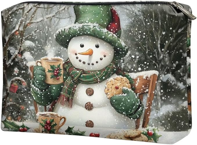 COEQINE Mini Cosmetic Bags for Women Leather Makeup Bag Large Travel Make up Brush Case Toiletry Bag for Womens Holiday Birthday Christmas Gifts,Cute Snowman Designer