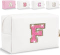 Small Personalized Glitter Initial Letter Makeup Bag, Cute PU Leather Chenille Letters Cosmetic Bag Travel Makeup Pouch, Preppy Travel Organizer Zipper Pouch for Women&Girls（WhiteRosePink-F）