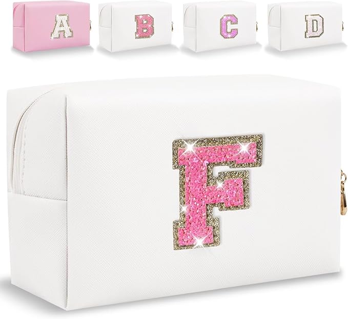 Small Personalized Glitter Initial Letter Makeup Bag, Cute PU Leather Chenille Letters Cosmetic Bag Travel Makeup Pouch, Preppy Travel Organizer Zipper Pouch for Women&Girls（WhiteRosePink-F）