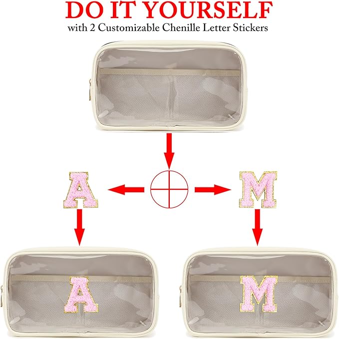 Clear Makeup Bag with 2 Customizable Chenille Letters - Waterproof PU Leather Cosmetic Case, Large Personalized Toiletry Pouch for Women & Teens, Ideal for Travel & Gift