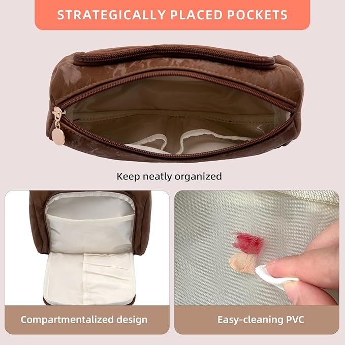Cosmetic Bag Travel Makeup Bag Large Capacity Small Travel Zipper Pouch Makeup Organizer Bag for Women (Brown-2 Pack)