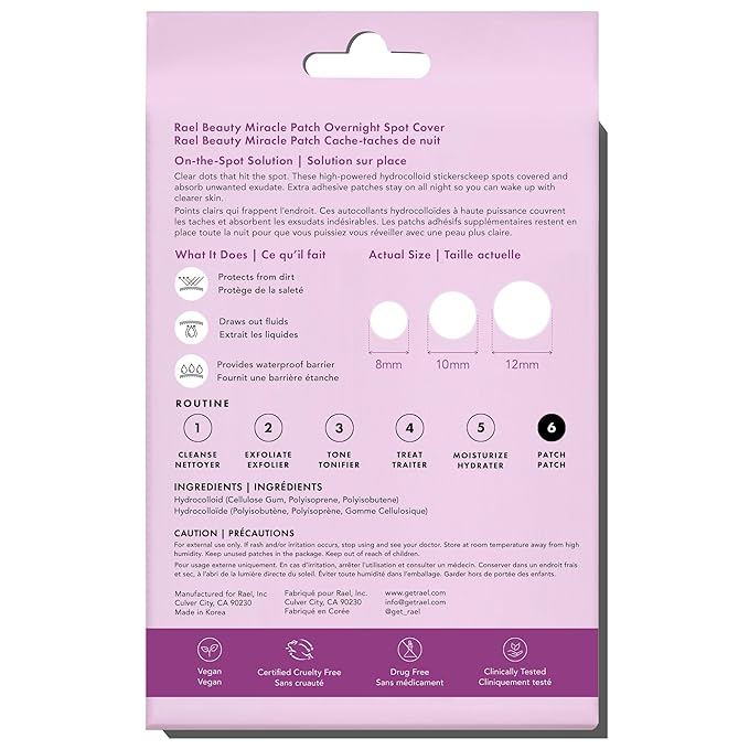 Rael Pimple Patches - Miracle Overnight Spot Cover, Thicker & Extra Adhesion, Hydrocolloid Acne Pimple Patch for Face, Zits & Blemishes, Korean Skin Care, 3 Sizes (104 Count)