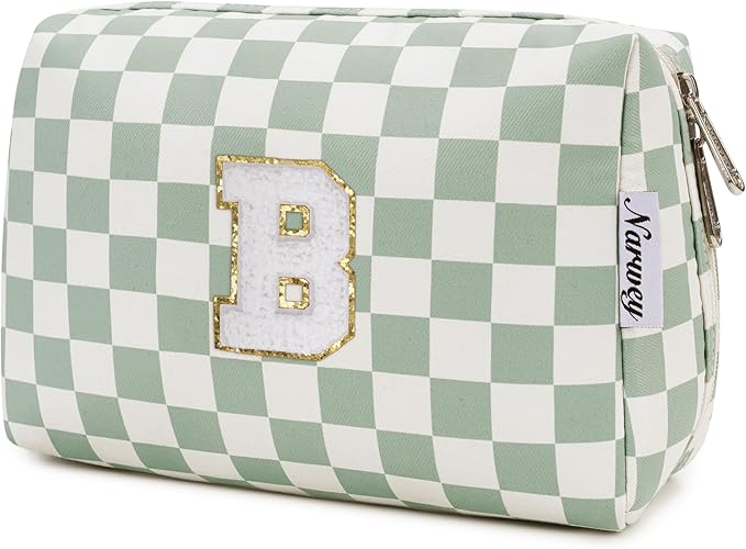Narwey Birthday Gifts for Teen Girls Women Personalized Initial Checkered Makeup Bag Preppy Cosmetic Bag Trendy Stuff 6 8 10 11 12 13 14 16 18 Years Old Travel Toiletry Bag (Green Letter B)