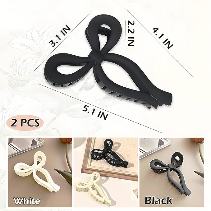 Bow Hair Clips, 5-IN Large Hair Claw for Thick and Thin Hair, Elegant Matte Hair Styling Accessories, Set of 2, Black & White