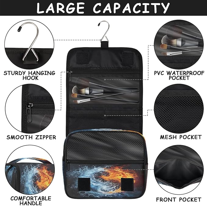Travel Toiletry Bag for Women & Men Space Water Fire Hanging Cosmetic Organizer Portable Waterproof Makeup Case Make Up Bag with Compartments Travel Essentials for Bathroom Shower