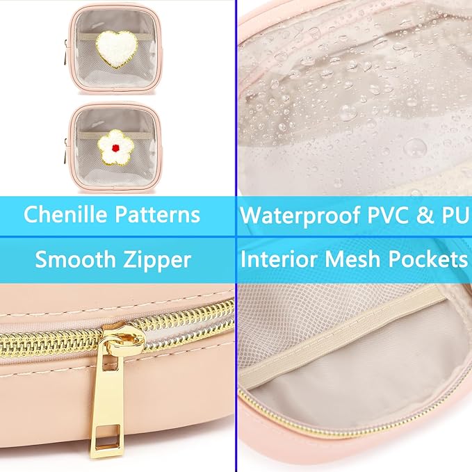 Clear Makeup Bag with 2 Cute Chenille patterns - Waterproof PU Leather Cosmetic Case, Mini Personalized Toiletry Pouch for Women & Teens, ideal for Travel & Gift