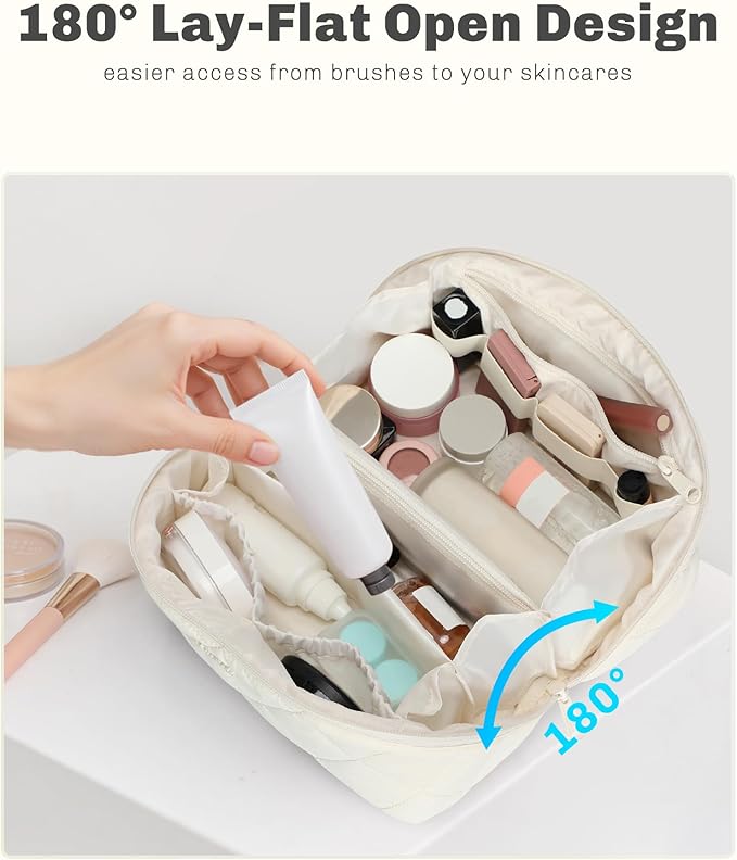 Hynes Eagle Travel Makeup Bag for Women Puffy Cosmetic Organizer Pouch Open Flat Toiletry Bag for Toiletries, Brushes Beige