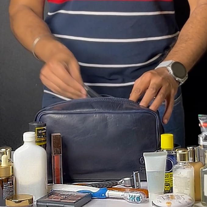RUSTIC TOWN Leather Toiletry Bag for Men - Travel Shaving Ditty Kit - Bathroom Shower Toiletries Organizer - Leather Cosmetic Bag for Women (Oxford Blue)