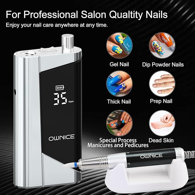 Electric Professional Nail Drill 35000RPM Cordless Portable Nail E-File Buffer Tools with Bits Perfect for Salon Manicure Pedicure Acrylic, Gel, Natural Nails(Sky Silver)
