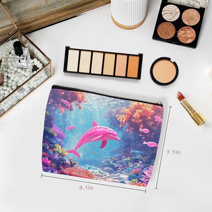 Pink Dolphin Makeup Bag, Large Capacity Travel Makeup Case Cosmetic Bags for Women, Portable Pouch Purse Travel Essentials Toiletries Accessories, Christmas Birthday Gifts for Women