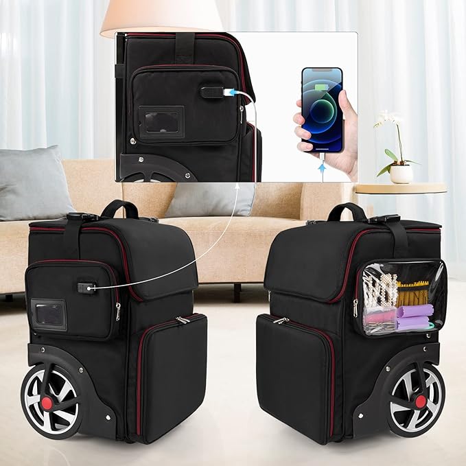 Large Makeup Train Case,Cosmetic Makeup Case for Hairstylist, Hairdresser Bag with Detachable Pouch,Heat Insulation and Anti-scalding Full layer for Hairdressing Tool Organizer Trolley with wheels
