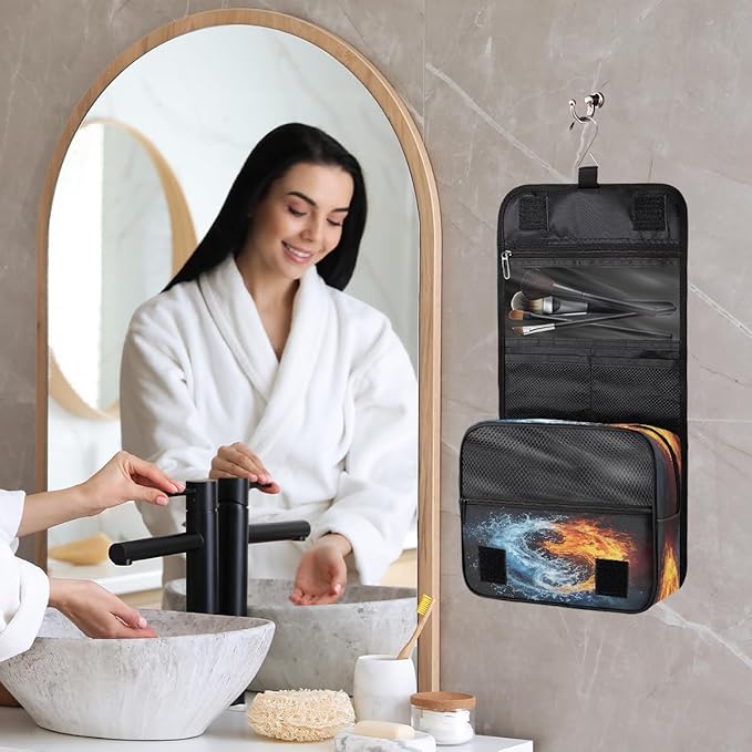 Travel Toiletry Bag for Women & Men Space Water Fire Hanging Cosmetic Organizer Portable Waterproof Makeup Case Make Up Bag with Compartments Travel Essentials for Bathroom Shower