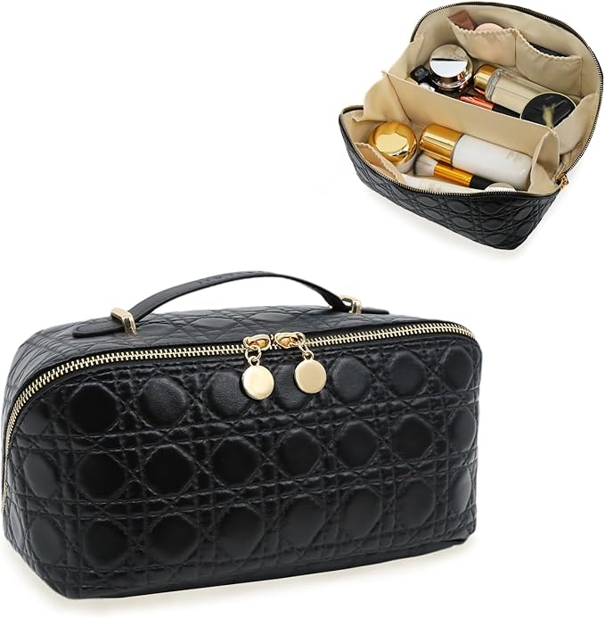 Travel Makeup Bag – Large Cosmetic Organizer with Waterproof PU Leather, Smooth Double Zipper & Tear-Resistant Lining, Toiletry Pouch for Women (Black)