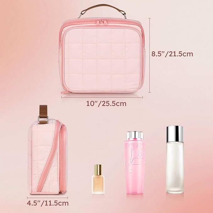 MOKURA Quilted Makeup Bag, Large Capacity Cosmetic Bag with Jewelry Organizer, Portable Make up Pouch, Waterproof Travel Toiletry Case with Compartments, Gifts for Women Girls, Pink