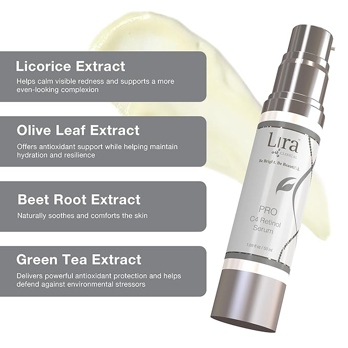Lira Clinical PRO C4 Retinol Serum - Face Serum with Plant Stem Cells - Vitamin C Brightening Serum with Licorice and Olive Extract - 1.69 Ounce