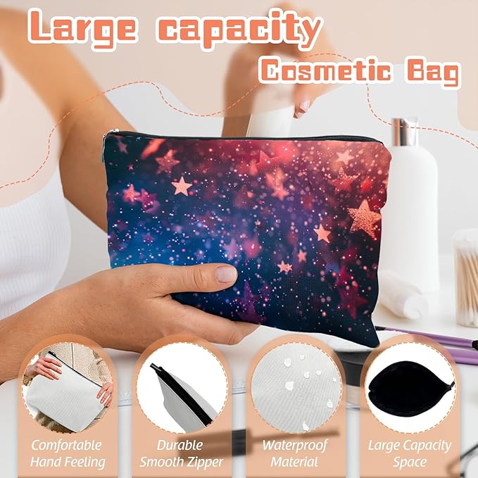 Makeup Bag Travel Cosmetic Bags Small Makeup Case Waterproof Zipper Pouch for Women Girls 7X9inches - Stars in A Blurred Galaxy of Reds And Blues