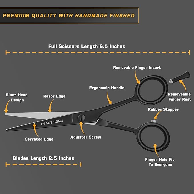 BEAUTICONE ® Hair Cutting Scissors - High Carbon SS 6.5" Professional Barber-Grade Salon Shears with Serrated & Razor Edge - Black Premium Gift Box with Leather Pouch & Extra Accs - Ultra Lightweight