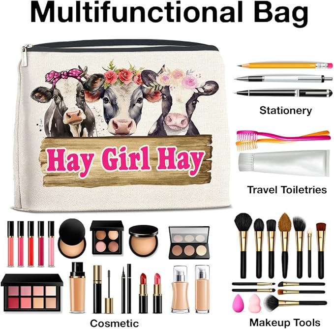 Cow Gifts Makeup Bag Funny Cow Lover Gifts for Women Girls Hay Girl Hay Zipper Makeup Pouch