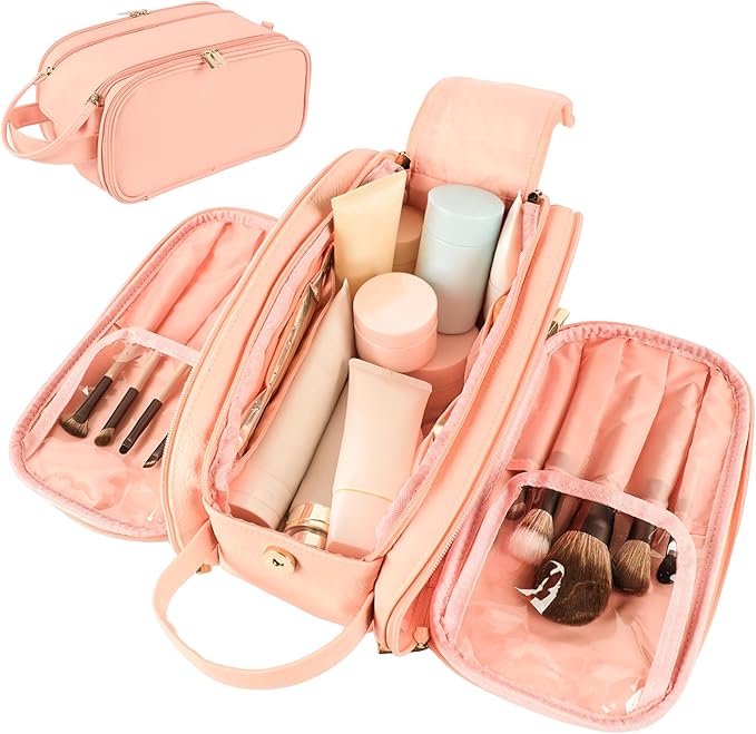 Large Pink Makeup Bag for Women, Waterproof Travel Makeup Bag & Toiletry Organizer with Cosmetic Case, Spacious Make Up Travel Bag for Women's Toiletry Essentials