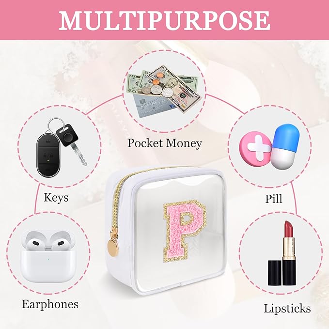 Mini Clear Personalized Initial Makeup Bag,Small Nylon Waterproof Zip Beach Cosmetic Pouch,Preppy A-Z Chenille Letter Patch Cute Coin Purse Travel Toiletry Bag Car Pack Bag for Women(White-Pink P)