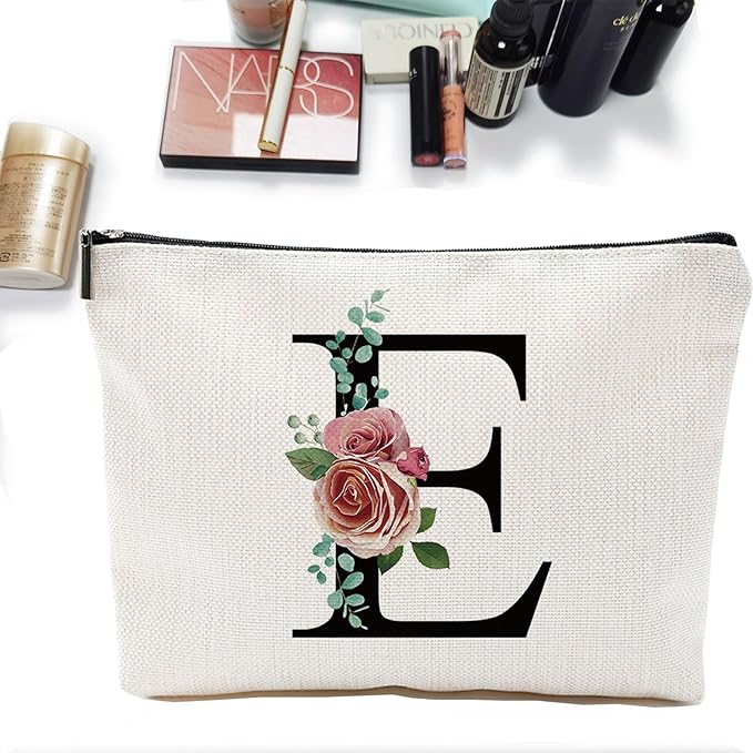 Initial A-Z Personalized Letter Makeup Bag, Monogrammed Bridesmaid Gifts/Presents Cosmetic Bag, Portable Stationery Storage Organizer Pouch, Friendship Love Travel Makeup Bags