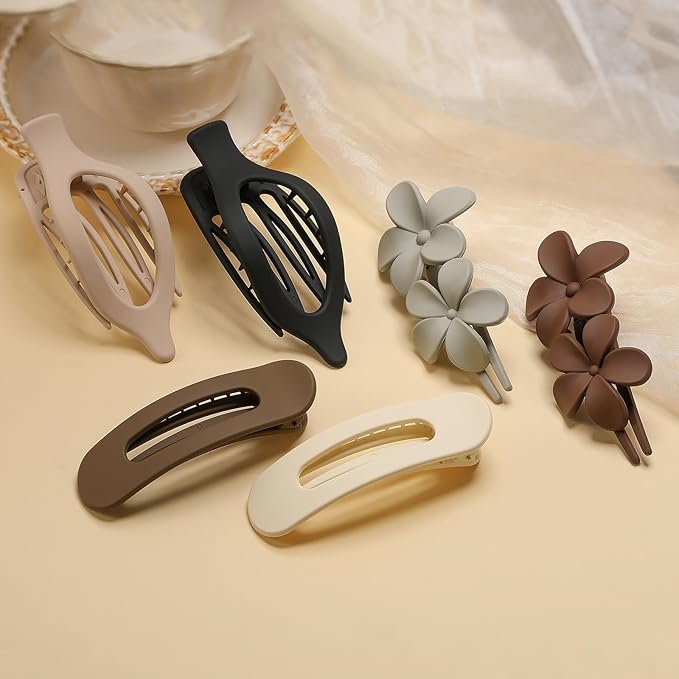 6 PCS Flat Hair Clips, French Lay Flat Claw Clips for Women Girls, 3 Styles Strong Hold Non-slip Matte Hair Claws for Thin Thick Hair(Black&White)