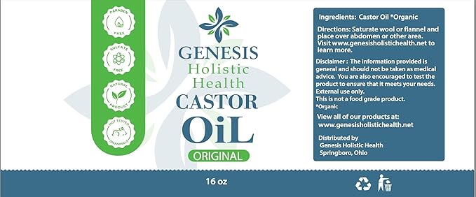 Genesis Holistic Health Organic Castor Oil – 100% Pure, Cold Pressed, Hexane Free – Nourishing Hair & Skin Oil – Eyelash & Eyebrow Growth, Deep Moisturizer – 16 oz Glass Bottle