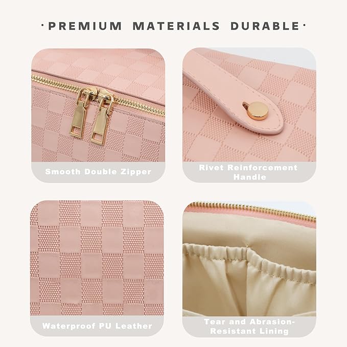 Travel Makeup Bag – Large Cosmetic Organizer with Waterproof PU Leather, Smooth Double Zipper & Tear-Resistant Lining, Toiletry Pouch for Women (Pink)