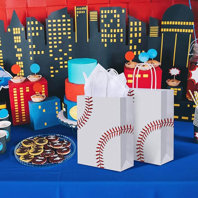 durony 16 Pieces Baseball Party Favor Bags with Handles Tissue Paper Gift Bags Goodie Candy Treat Bag for Birthday, Baseball Themed Party Supplies (8.6 x 6.2 x 3.1 Inches)