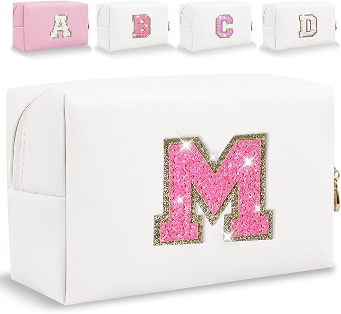 Small Personalized Glitter Initial Letter Makeup Bag, Cute PU Leather Chenille Letters Cosmetic Bag Travel Makeup Pouch, Preppy Travel Organizer Zipper Pouch for Women&Girls（WhiteRosePink-M）