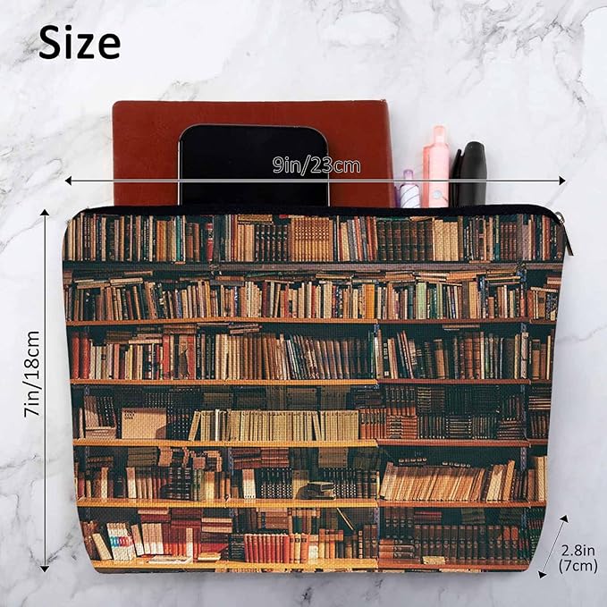 Vintage Library Bookshelf Makeup Bag for Purse, Travel Toiletry Pouch, Cosmetic Organizer, Old Books Pattern Flax Pencil Case for Men and Women