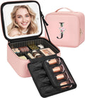 Relavel Initial Makeup Bag with LED Mirror for Women Girls, Personalized Travel Cosmetic Organizer Train Case, Birthday Gifts for Grandkids Bridesmaid Graduation Teacher Friends, Trendy Stuff, Pink J