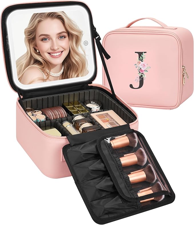 Relavel Initial Makeup Bag with LED Mirror for Women Girls, Personalized Travel Cosmetic Organizer Train Case, Birthday Gifts for Grandkids Bridesmaid Graduation Teacher Friends, Trendy Stuff, Pink J