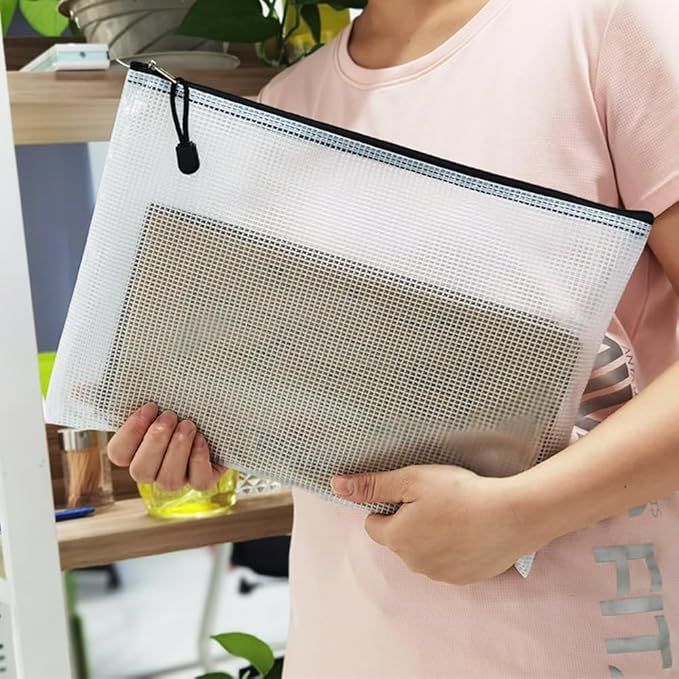 AUSTARK 10 Pcs Zipper File Bags, Waterproof Plastic Mesh Pouch for Office School, Board Game Storage Bags (A4 Size 13.4''x9.4'', White and Black)