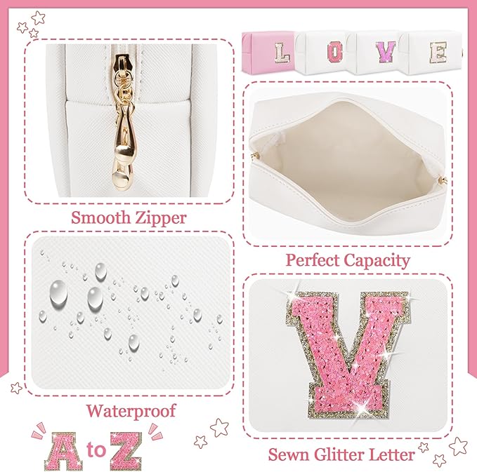 Personalized Initial Letter Patch Makeup Bag, Preppy Glitter Letter Makeup Organizer, Cute Monogrammed Pouch Cosmetic Bag PU Leather Waterproof Travel Toiletry Bag, Gift for Women Teen Girls(V)