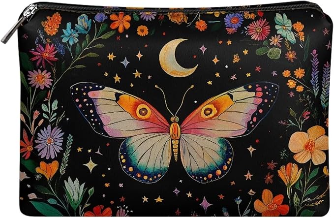 COEQINE Gothic Cosmetic Purses Leather Case for Women Trendy Butterfly Moon Goth Cosmetic Bags for Women Travel Black Floral Makeup Organizer Pouch With Zipper