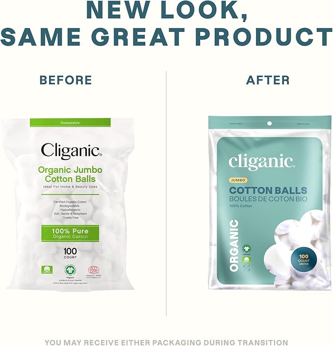 Cliganic Organic Super Jumbo Cotton Balls (100 Count) - Hypoallergenic, Absorbent, Large Size, 100% Pure (Packaging May Vary)