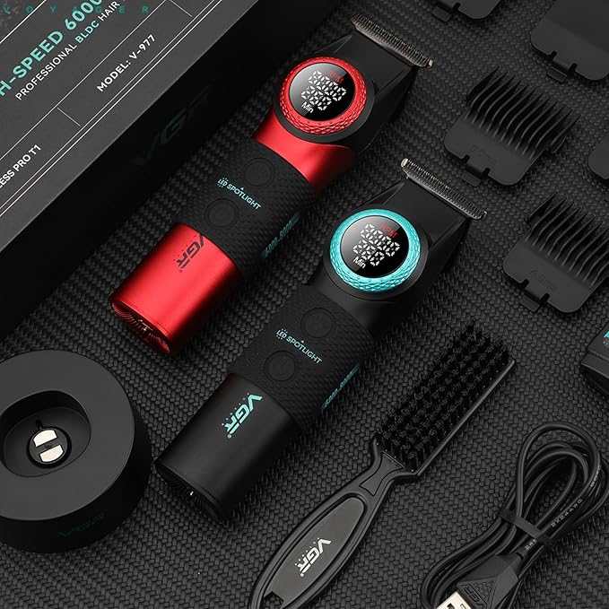 VGR 977 Professional Hair Trimmer Hair Clippers for Men, 8000rpm T-Blade Trimmer Zero Gapped Cordless Barber Clippers, Rechargeable Edgers Clippers with LED Display(Red)