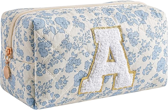 Gleyemor Personalized Initial Makeup Bag for Women, Cute Quilted Blue Floral Cotton Cosmetic Bag, Christmas Gifts for Her Mom Friend Sister Bridesmaid Teacher Women A